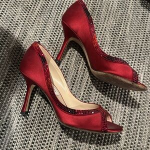 Jimmy Choo red fabric peep toe pumps with red and black rhinestones trim